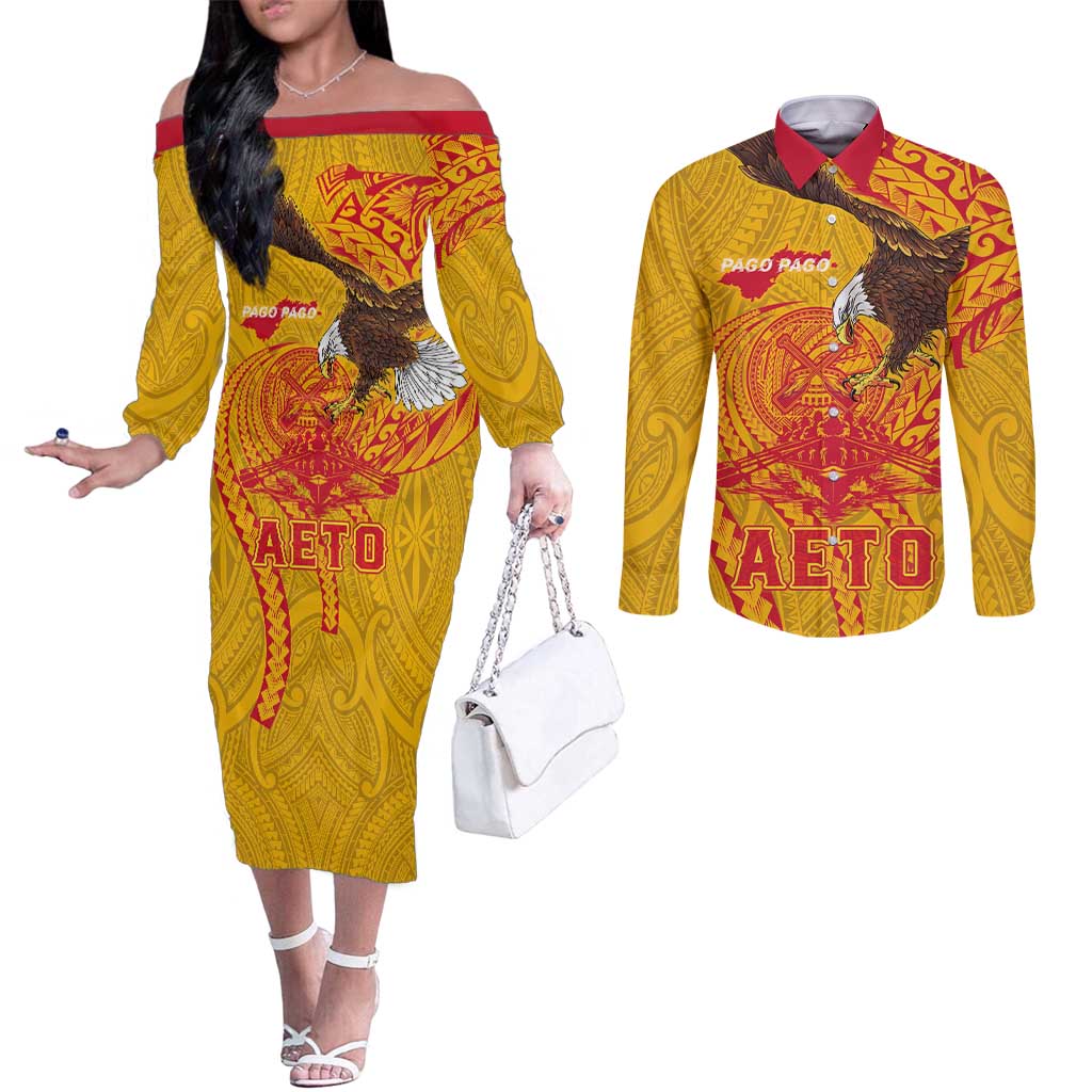 Personalized American Samoa Fautasi Race Couples Matching Off The Shoulder Long Sleeve Dress and Long Sleeve Button Shirt Aeto Pago Pago with Eagle Samoan Tribal Patterns LT03 Multicolor - Polynesian Pride