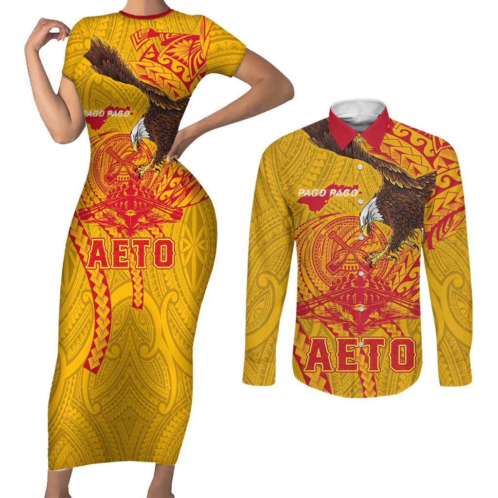Personalized American Samoa Fautasi Race Couples Matching Short Sleeve Bodycon Dress and Long Sleeve Button Shirt Aeto Pago Pago with Eagle Samoan Tribal Patterns LT03 Multicolor - Polynesian Pride