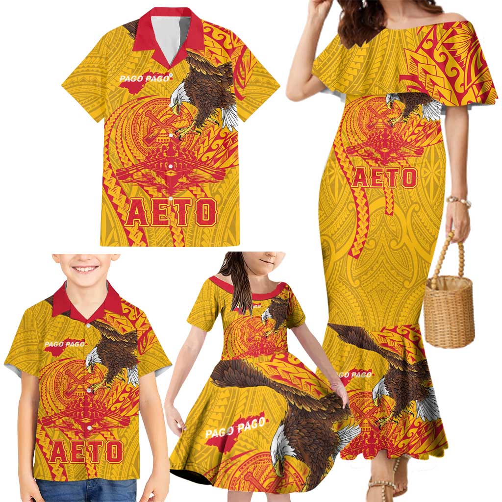 Personalized American Samoa Fautasi Race Family Matching Mermaid Dress and Hawaiian Shirt Aeto Pago Pago with Eagle Samoan Tribal Patterns LT03 - Polynesian Pride