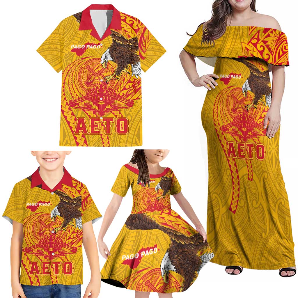 Personalized American Samoa Fautasi Race Family Matching Off Shoulder Maxi Dress and Hawaiian Shirt Aeto Pago Pago with Eagle Samoan Tribal Patterns