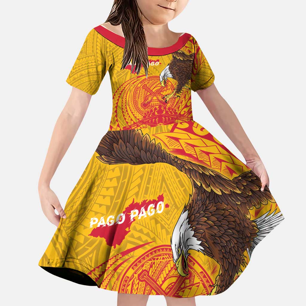 Personalized American Samoa Fautasi Race Family Matching Off Shoulder Short Dress and Hawaiian Shirt Aeto Pago Pago with Eagle Samoan Tribal Patterns LT03 Daughter's Dress Multicolor - Polynesian Pride