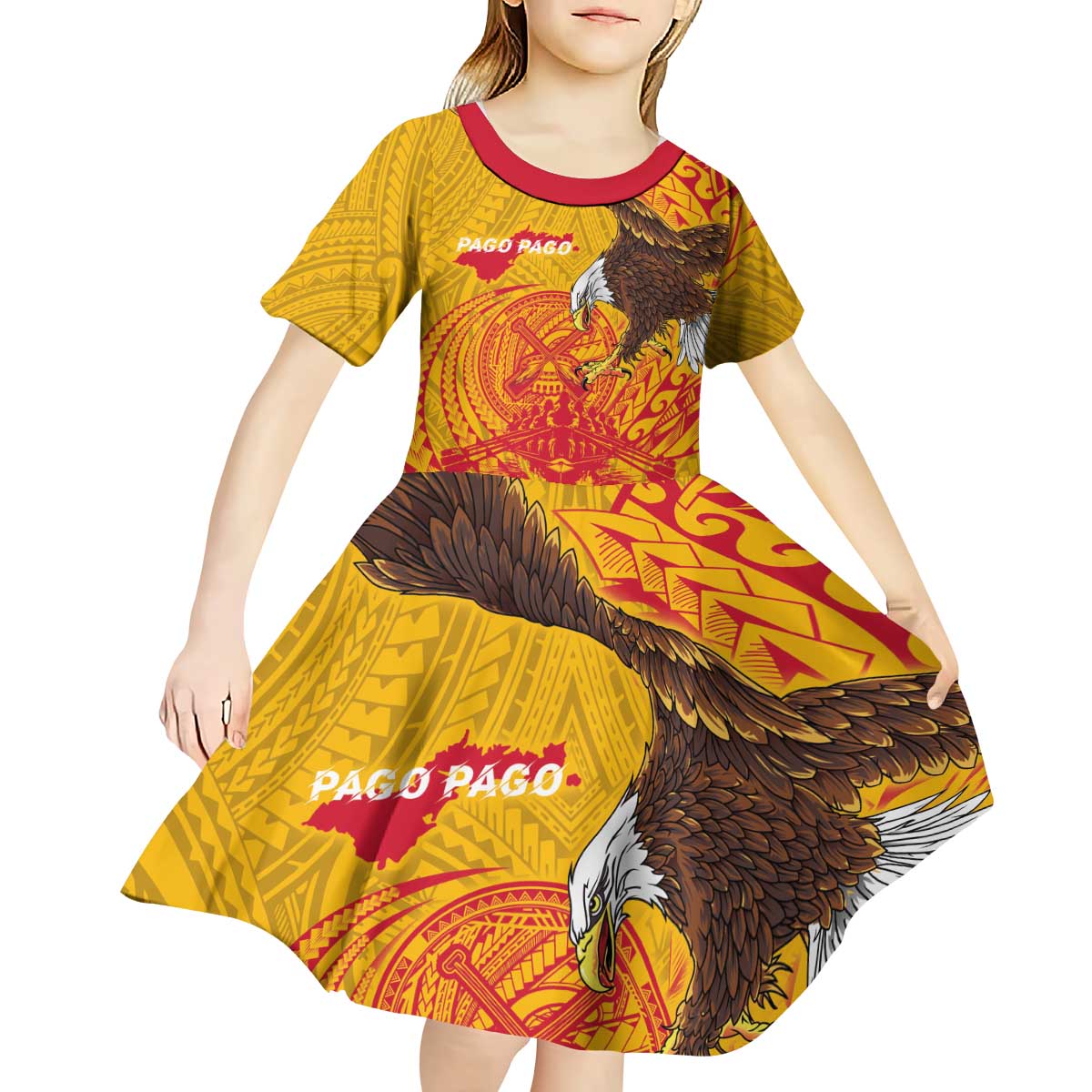 Personalized American Samoa Fautasi Race Kid Short Sleeve Dress Aeto Pago Pago with Eagle Samoan Tribal Patterns