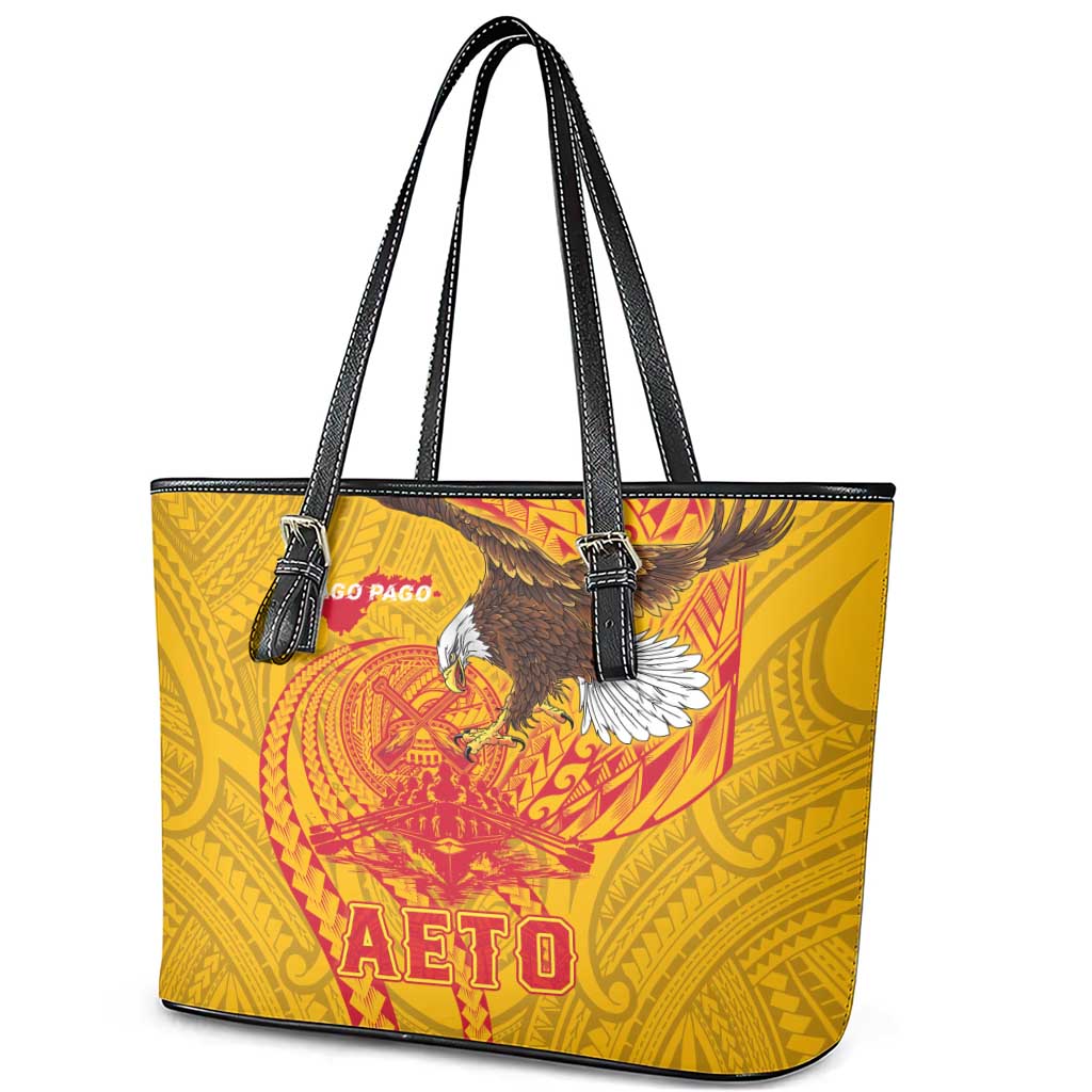 American Samoa Fautasi Race Leather Tote Bag Aeto Pago Pago with Eagle Samoan Tribal Patterns