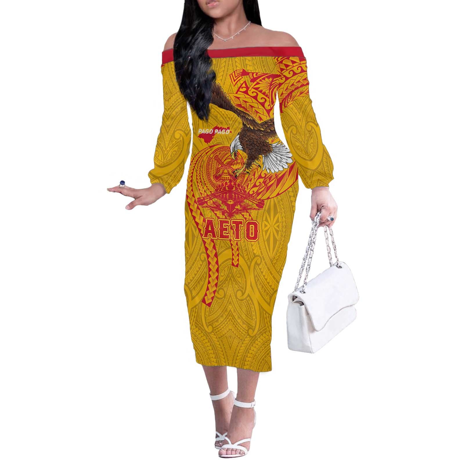 Personalized American Samoa Fautasi Race Off The Shoulder Long Sleeve Dress Aeto Pago Pago with Eagle Samoan Tribal Patterns