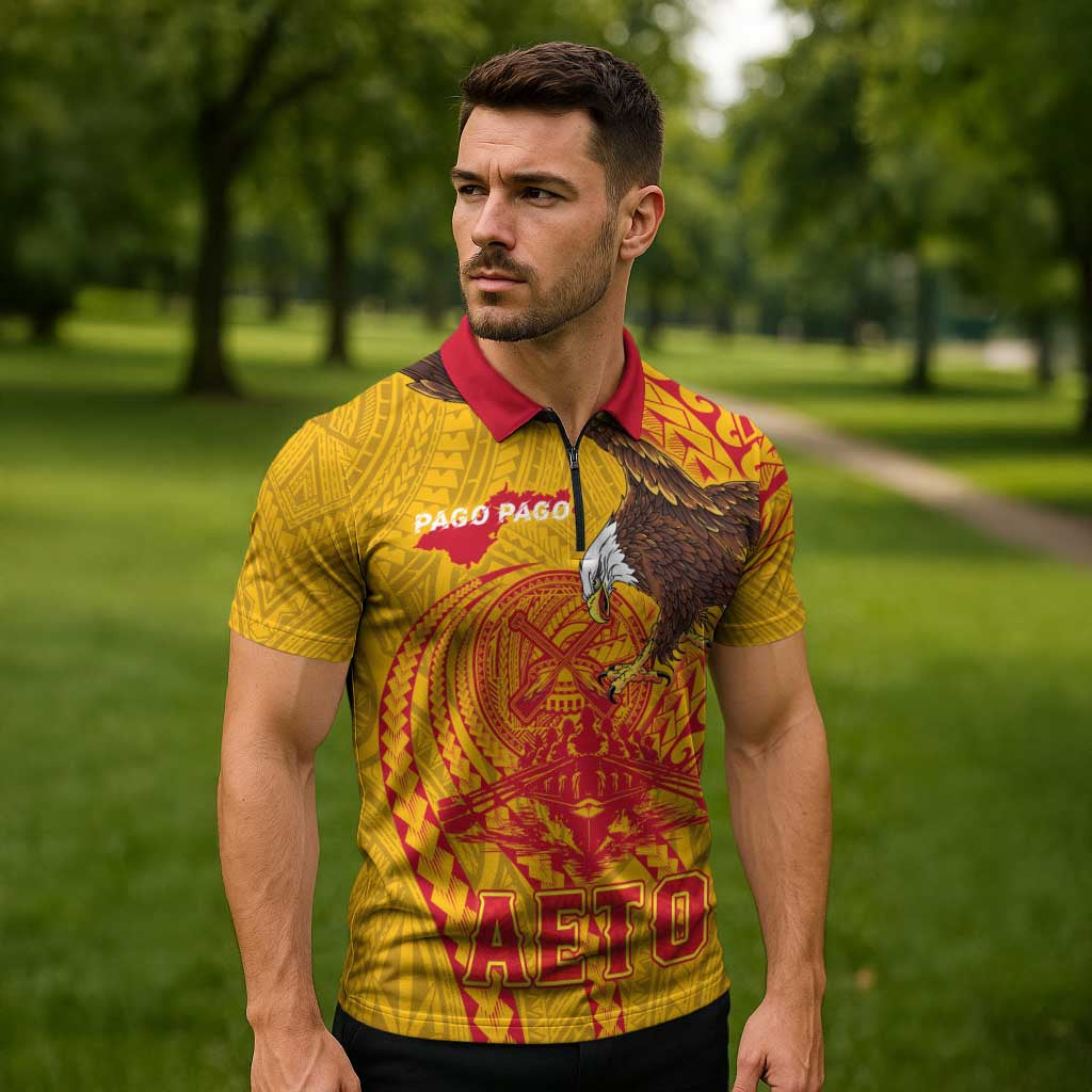 Personalized American Samoa Fautasi Race Zipper Polo Shirt Aeto Pago Pago with Eagle Samoan Tribal Patterns