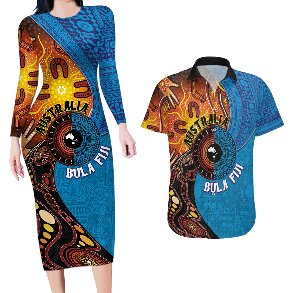 Fiji and Australia Together Couples Matching Long Sleeve Bodycon Dress and Hawaiian Shirt Tapa Tribal Tattoo mix Aboriginal Pattern LT03 Black - Polynesian Pride