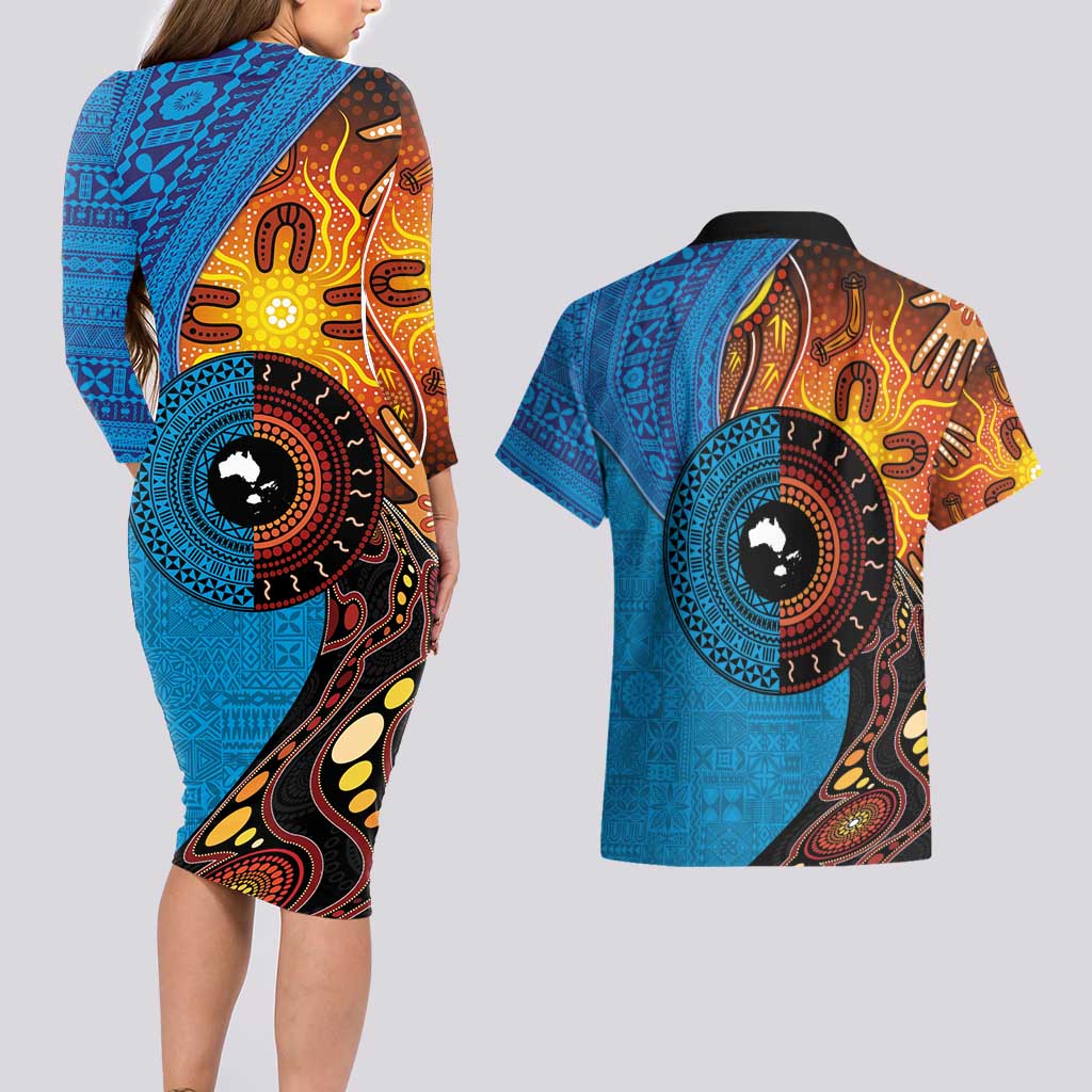 Fiji and Australia Together Couples Matching Long Sleeve Bodycon Dress and Hawaiian Shirt Tapa Tribal Tattoo mix Aboriginal Pattern LT03 - Polynesian Pride