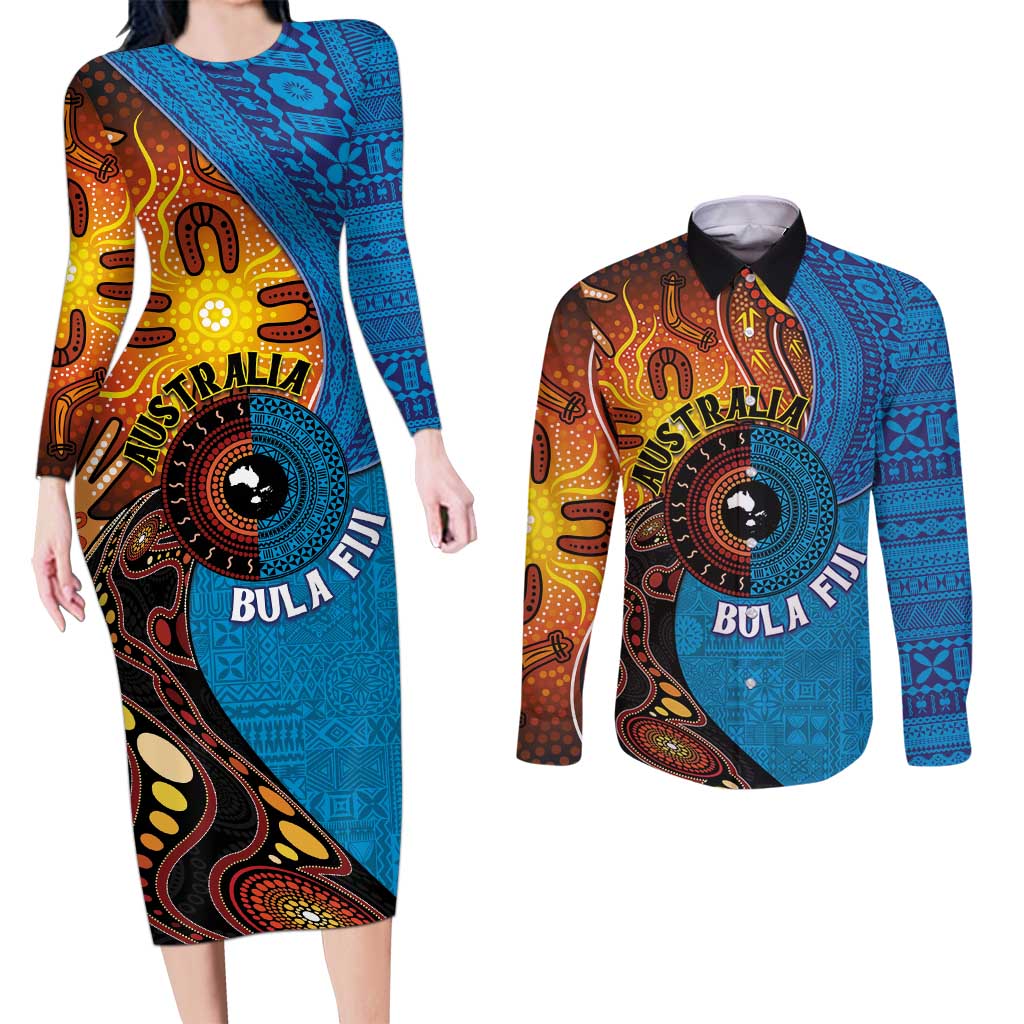 Fiji and Australia Together Couples Matching Long Sleeve Bodycon Dress and Long Sleeve Button Shirt Tapa Tribal Tattoo mix Aboriginal Pattern LT03 Black - Polynesian Pride