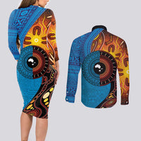 Fiji and Australia Together Couples Matching Long Sleeve Bodycon Dress and Long Sleeve Button Shirt Tapa Tribal Tattoo mix Aboriginal Pattern LT03 - Polynesian Pride