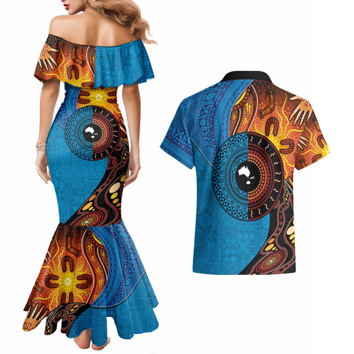 Fiji and Australia Together Couples Matching Mermaid Dress and Hawaiian Shirt Tapa Tribal Tattoo mix Aboriginal Pattern LT03 - Polynesian Pride
