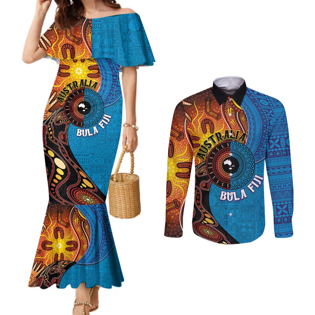 Fiji and Australia Together Couples Matching Mermaid Dress and Long Sleeve Button Shirt Tapa Tribal Tattoo mix Aboriginal Pattern LT03 Black - Polynesian Pride