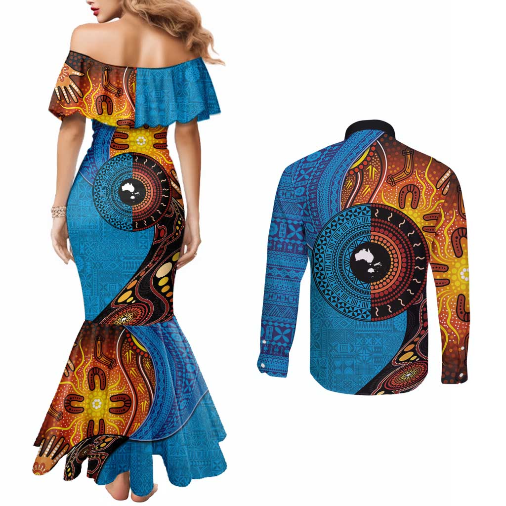 Fiji and Australia Together Couples Matching Mermaid Dress and Long Sleeve Button Shirt Tapa Tribal Tattoo mix Aboriginal Pattern LT03 - Polynesian Pride