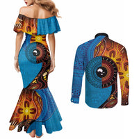 Fiji and Australia Together Couples Matching Mermaid Dress and Long Sleeve Button Shirt Tapa Tribal Tattoo mix Aboriginal Pattern LT03 - Polynesian Pride