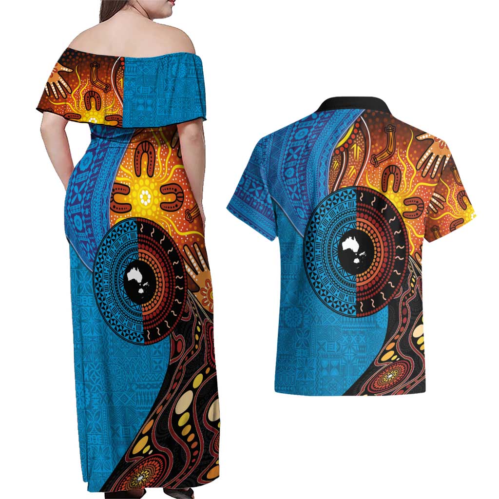 Fiji and Australia Together Couples Matching Off Shoulder Maxi Dress and Hawaiian Shirt Tapa Tribal Tattoo mix Aboriginal Pattern LT03 - Polynesian Pride