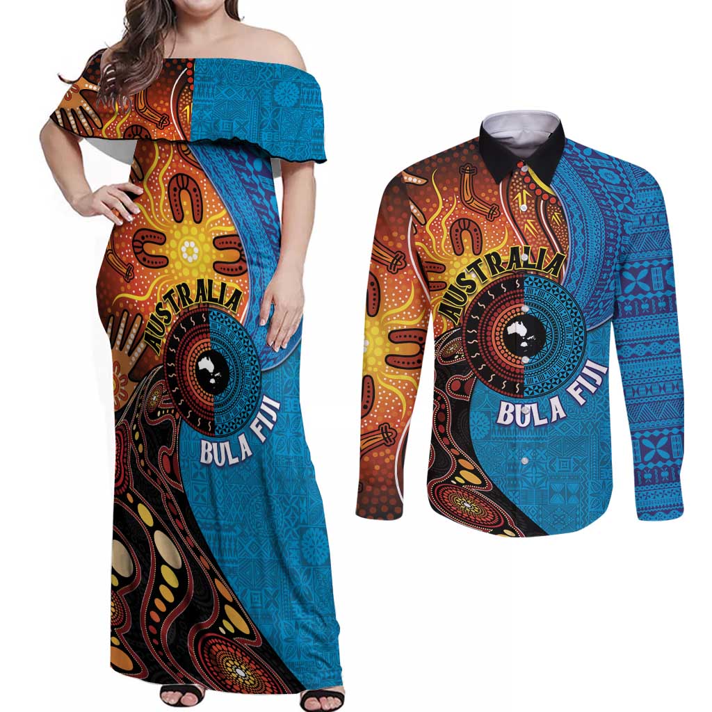 Fiji and Australia Together Couples Matching Off Shoulder Maxi Dress and Long Sleeve Button Shirt Tapa Tribal Tattoo mix Aboriginal Pattern LT03 Black - Polynesian Pride