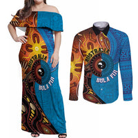Fiji and Australia Together Couples Matching Off Shoulder Maxi Dress and Long Sleeve Button Shirt Tapa Tribal Tattoo mix Aboriginal Pattern LT03 Black - Polynesian Pride