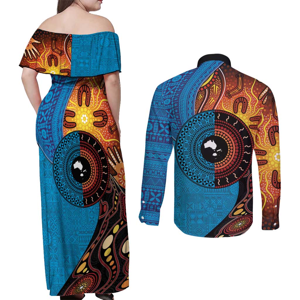 Fiji and Australia Together Couples Matching Off Shoulder Maxi Dress and Long Sleeve Button Shirt Tapa Tribal Tattoo mix Aboriginal Pattern LT03 - Polynesian Pride
