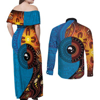 Fiji and Australia Together Couples Matching Off Shoulder Maxi Dress and Long Sleeve Button Shirt Tapa Tribal Tattoo mix Aboriginal Pattern LT03 - Polynesian Pride