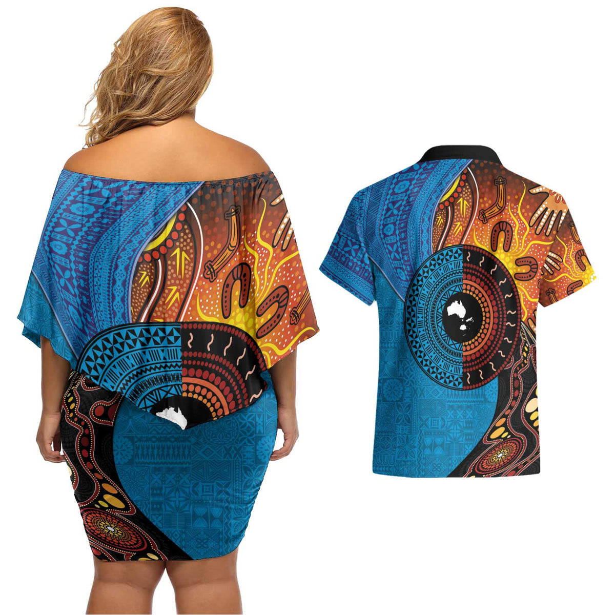 Fiji and Australia Together Couples Matching Off Shoulder Short Dress and Hawaiian Shirt Tapa Tribal Tattoo mix Aboriginal Pattern LT03 - Polynesian Pride