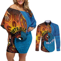 Fiji and Australia Together Couples Matching Off Shoulder Short Dress and Long Sleeve Button Shirt Tapa Tribal Tattoo mix Aboriginal Pattern LT03 Black - Polynesian Pride
