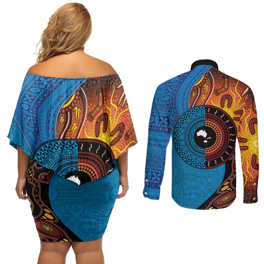 Fiji and Australia Together Couples Matching Off Shoulder Short Dress and Long Sleeve Button Shirt Tapa Tribal Tattoo mix Aboriginal Pattern LT03 - Polynesian Pride