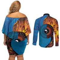 Fiji and Australia Together Couples Matching Off Shoulder Short Dress and Long Sleeve Button Shirt Tapa Tribal Tattoo mix Aboriginal Pattern LT03 - Polynesian Pride