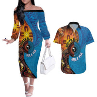 Fiji and Australia Together Couples Matching Off The Shoulder Long Sleeve Dress and Hawaiian Shirt Tapa Tribal Tattoo mix Aboriginal Pattern LT03 Black - Polynesian Pride