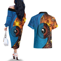 Fiji and Australia Together Couples Matching Off The Shoulder Long Sleeve Dress and Hawaiian Shirt Tapa Tribal Tattoo mix Aboriginal Pattern LT03 - Polynesian Pride