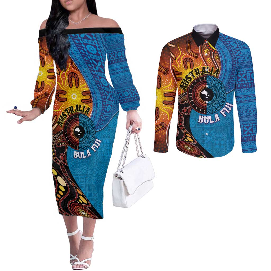 Fiji and Australia Together Couples Matching Off The Shoulder Long Sleeve Dress and Long Sleeve Button Shirt Tapa Tribal Tattoo mix Aboriginal Pattern LT03 Black - Polynesian Pride