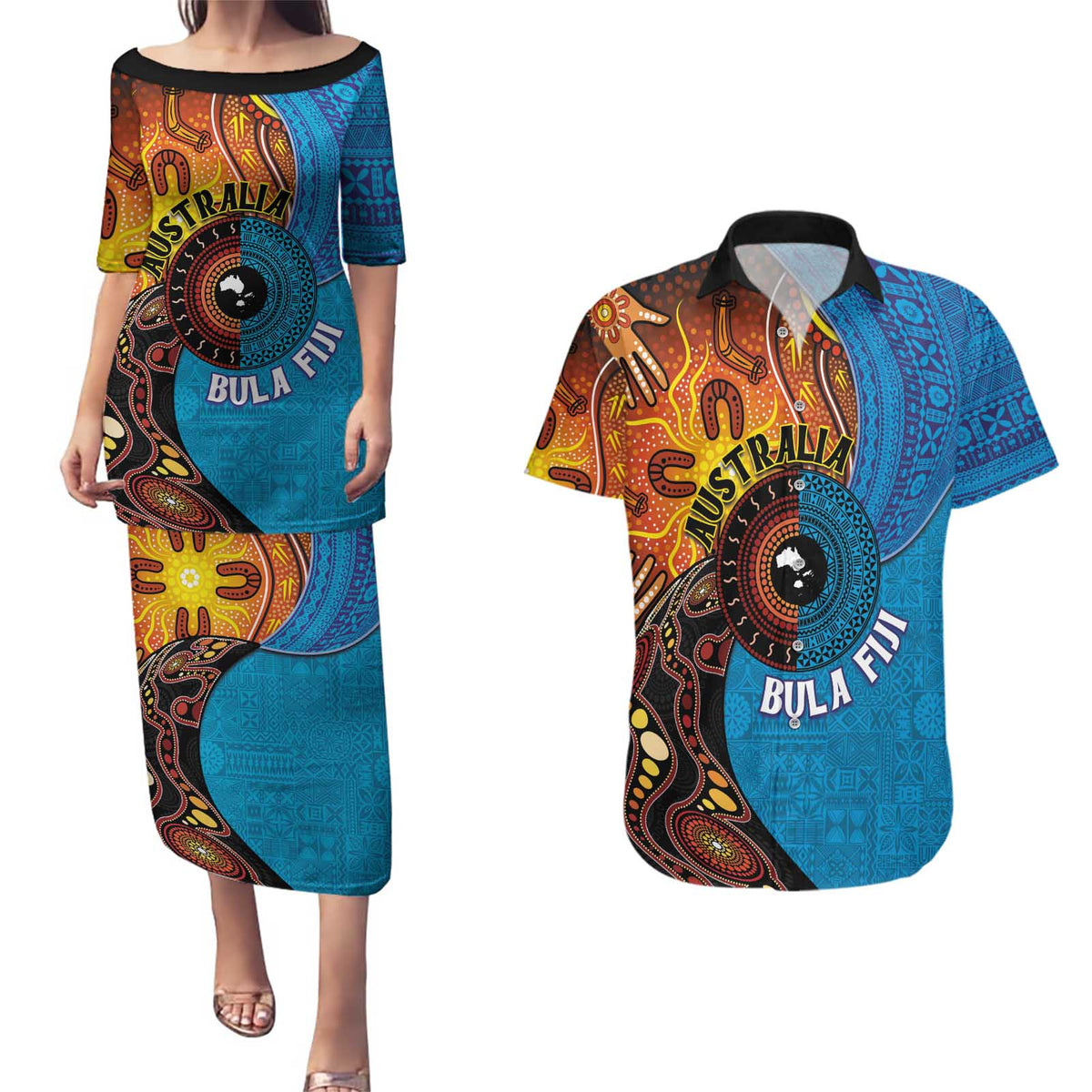 Fiji and Australia Together Couples Matching Puletasi and Hawaiian Shirt Tapa Tribal Tattoo mix Aboriginal Pattern LT03 Black - Polynesian Pride