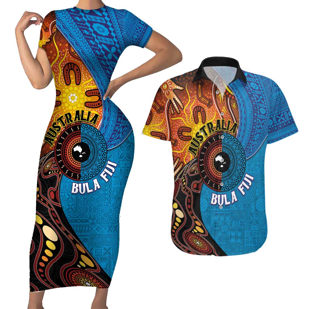 Fiji and Australia Together Couples Matching Short Sleeve Bodycon Dress and Hawaiian Shirt Tapa Tribal Tattoo mix Aboriginal Pattern LT03 Black - Polynesian Pride