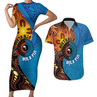 Fiji and Australia Together Couples Matching Short Sleeve Bodycon Dress and Hawaiian Shirt Tapa Tribal Tattoo mix Aboriginal Pattern LT03 Black - Polynesian Pride