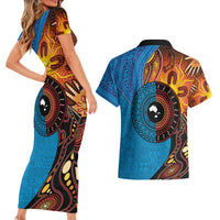 Fiji and Australia Together Couples Matching Short Sleeve Bodycon Dress and Hawaiian Shirt Tapa Tribal Tattoo mix Aboriginal Pattern LT03 - Polynesian Pride