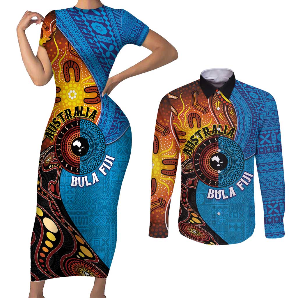 Fiji and Australia Together Couples Matching Short Sleeve Bodycon Dress and Long Sleeve Button Shirt Tapa Tribal Tattoo mix Aboriginal Pattern LT03 Black - Polynesian Pride