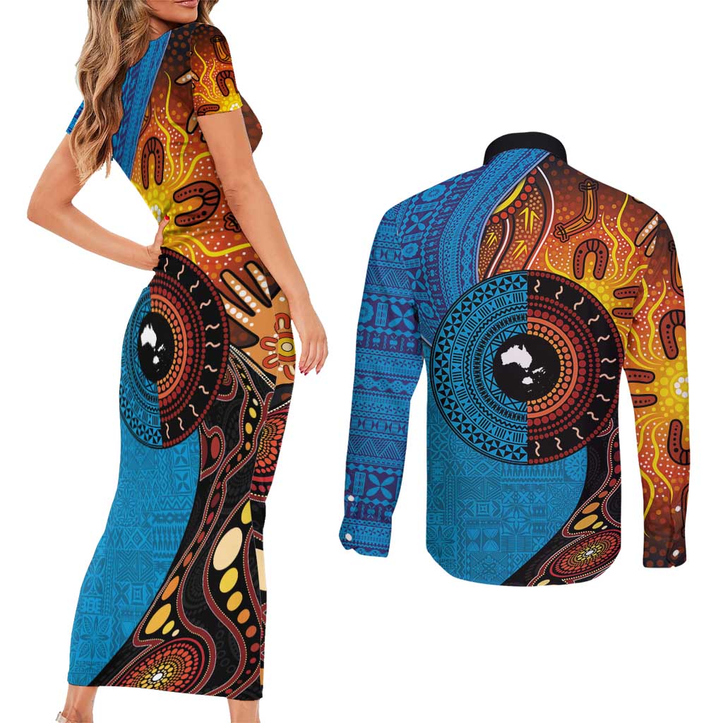 Fiji and Australia Together Couples Matching Short Sleeve Bodycon Dress and Long Sleeve Button Shirt Tapa Tribal Tattoo mix Aboriginal Pattern LT03 - Polynesian Pride