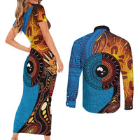 Fiji and Australia Together Couples Matching Short Sleeve Bodycon Dress and Long Sleeve Button Shirt Tapa Tribal Tattoo mix Aboriginal Pattern LT03 - Polynesian Pride
