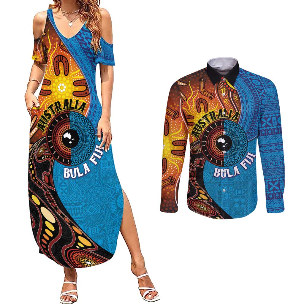 Fiji and Australia Together Couples Matching Summer Maxi Dress and Long Sleeve Button Shirt Tapa Tribal Tattoo mix Aboriginal Pattern LT03 Black - Polynesian Pride