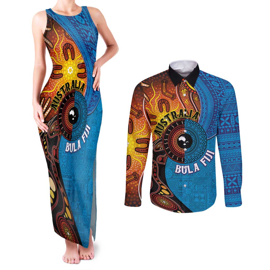 Fiji and Australia Together Couples Matching Tank Maxi Dress and Long Sleeve Button Shirt Tapa Tribal Tattoo mix Aboriginal Pattern LT03 Black - Polynesian Pride