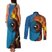 Fiji and Australia Together Couples Matching Tank Maxi Dress and Long Sleeve Button Shirt Tapa Tribal Tattoo mix Aboriginal Pattern LT03 - Polynesian Pride