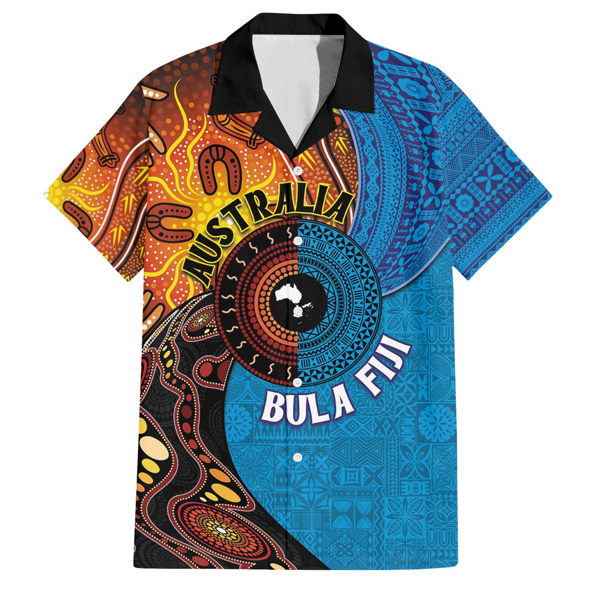 Fiji and Australia Together Family Matching Off The Shoulder Long Sleeve Dress and Hawaiian Shirt Tapa Tribal Tattoo mix Aboriginal Pattern LT03 Dad's Shirt - Short Sleeve Black - Polynesian Pride