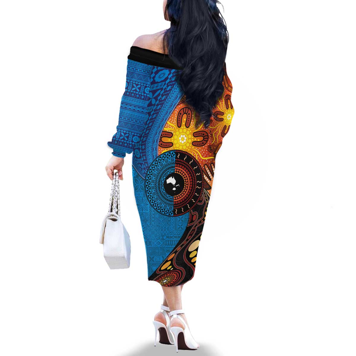 Fiji and Australia Together Family Matching Off The Shoulder Long Sleeve Dress and Hawaiian Shirt Tapa Tribal Tattoo mix Aboriginal Pattern LT03 - Polynesian Pride