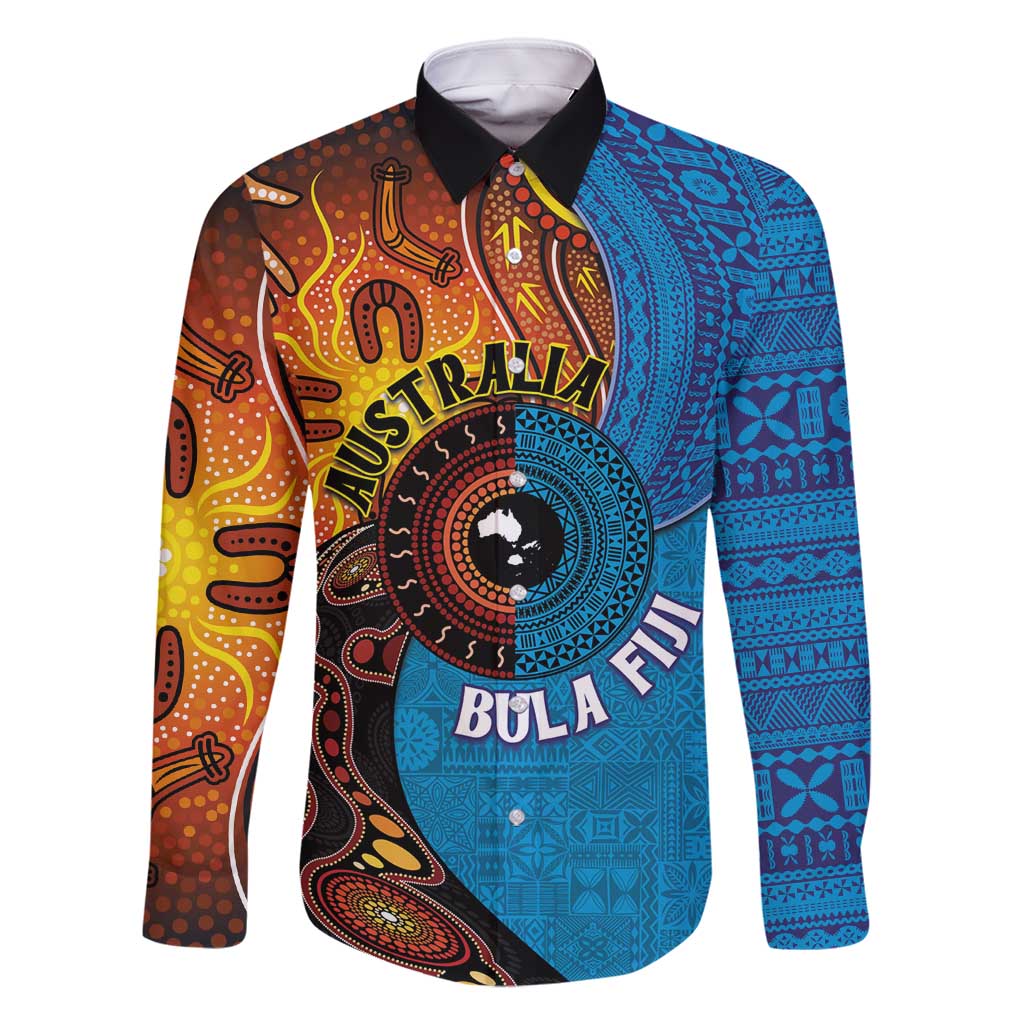 Fiji and Australia Together Family Matching Off Shoulder Maxi Dress and Hawaiian Shirt Tapa Tribal Tattoo mix Aboriginal Pattern LT03 Dad's Shirt - Long Sleeve Black - Polynesian Pride