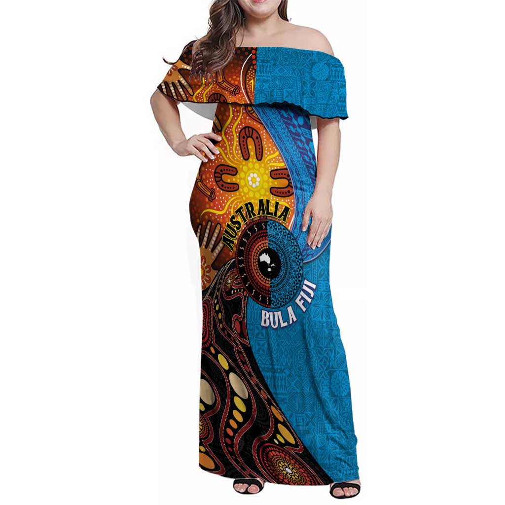 Fiji and Australia Together Family Matching Off Shoulder Maxi Dress and Hawaiian Shirt Tapa Tribal Tattoo mix Aboriginal Pattern LT03 Mom's Dress Black - Polynesian Pride