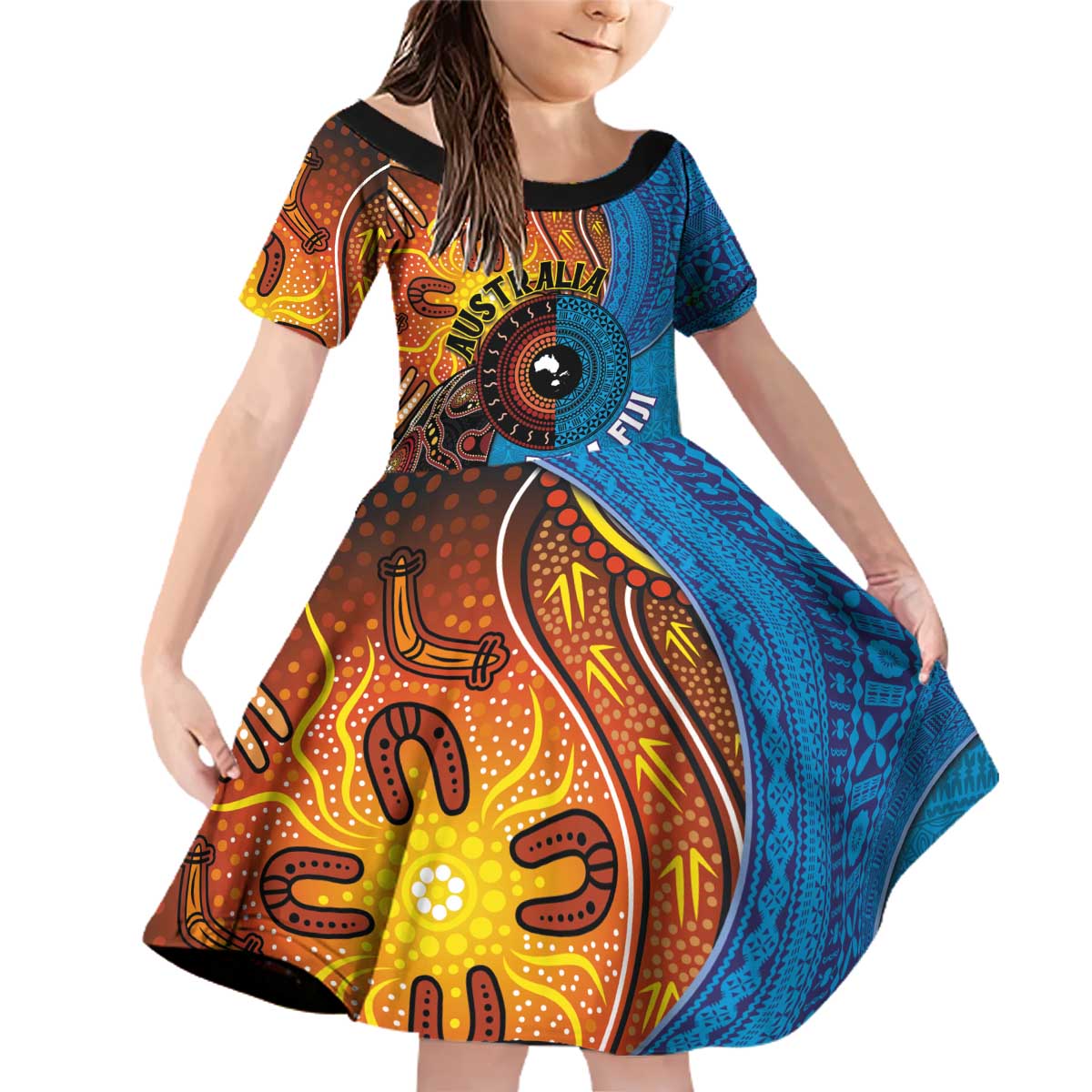 Fiji and Australia Together Family Matching Off Shoulder Short Dress and Hawaiian Shirt Tapa Tribal Tattoo mix Aboriginal Pattern LT03 Daughter's Dress Black - Polynesian Pride