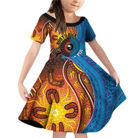 Fiji and Australia Together Family Matching Off Shoulder Short Dress and Hawaiian Shirt Tapa Tribal Tattoo mix Aboriginal Pattern LT03 Daughter's Dress Black - Polynesian Pride