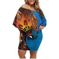 Fiji and Australia Together Family Matching Off Shoulder Short Dress and Hawaiian Shirt Tapa Tribal Tattoo mix Aboriginal Pattern LT03 Mom's Dress Black - Polynesian Pride
