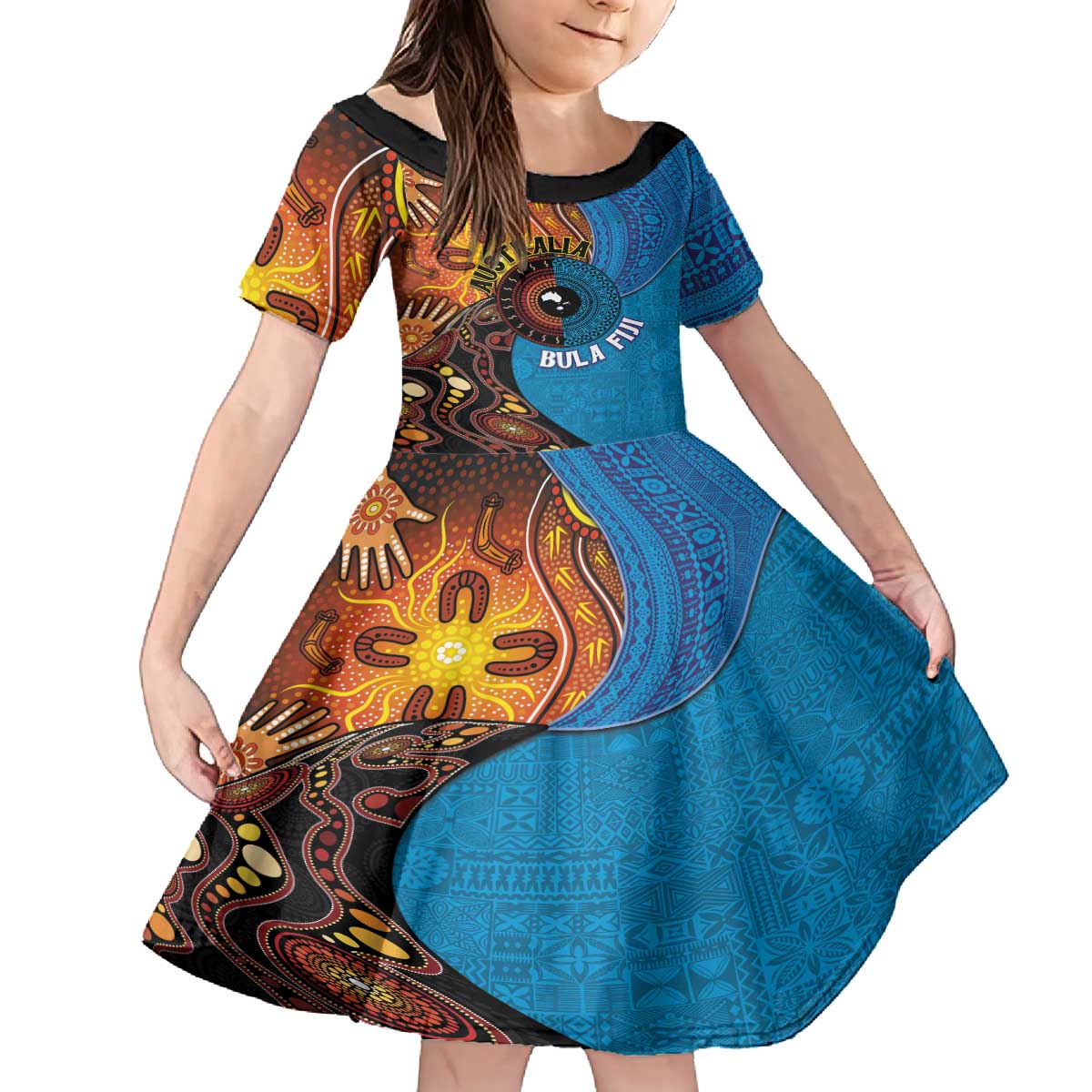 Fiji and Australia Together Family Matching Puletasi and Hawaiian Shirt Tapa Tribal Tattoo mix Aboriginal Pattern LT03 Daughter's Dress Black - Polynesian Pride