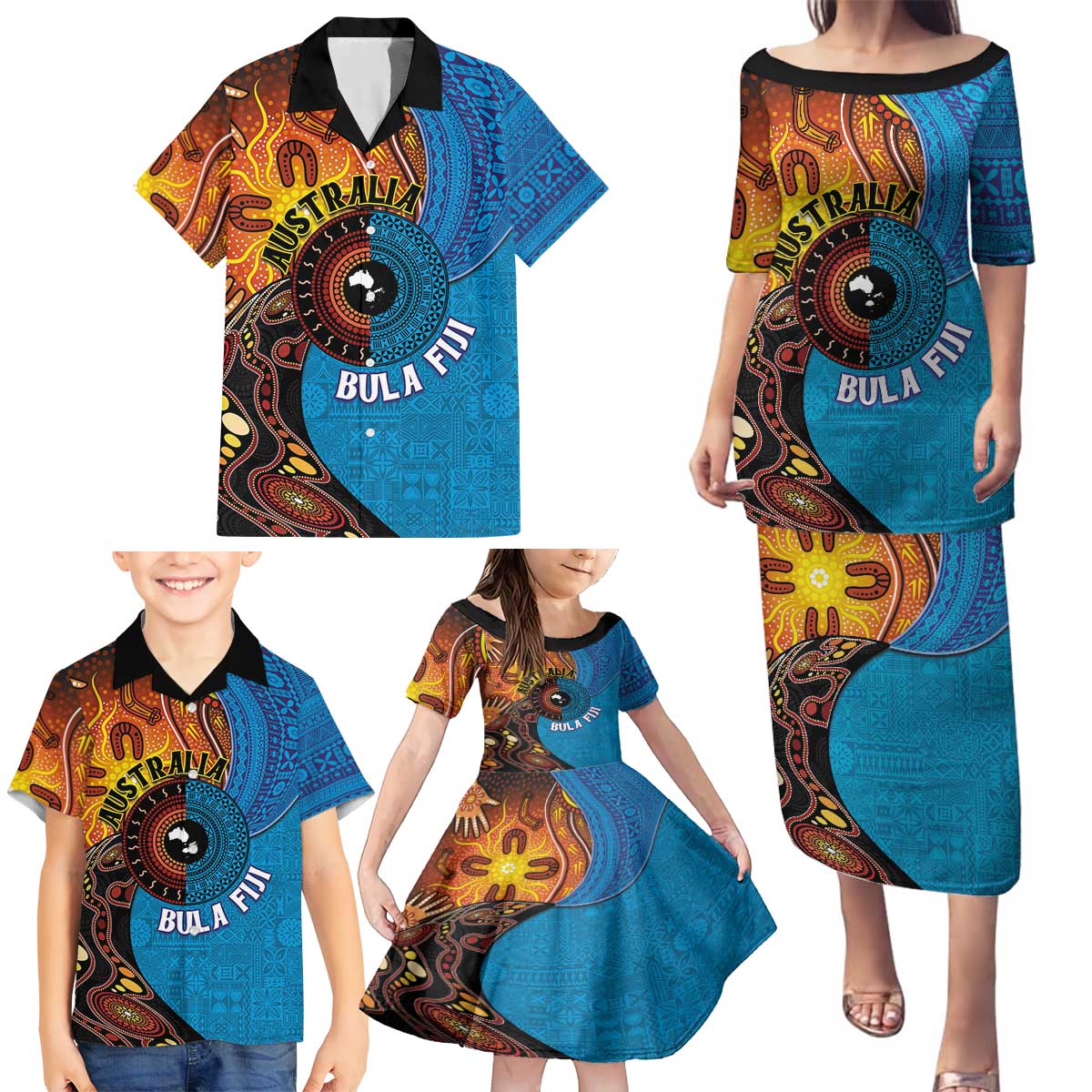 Fiji and Australia Together Family Matching Puletasi and Hawaiian Shirt Tapa Tribal Tattoo mix Aboriginal Pattern