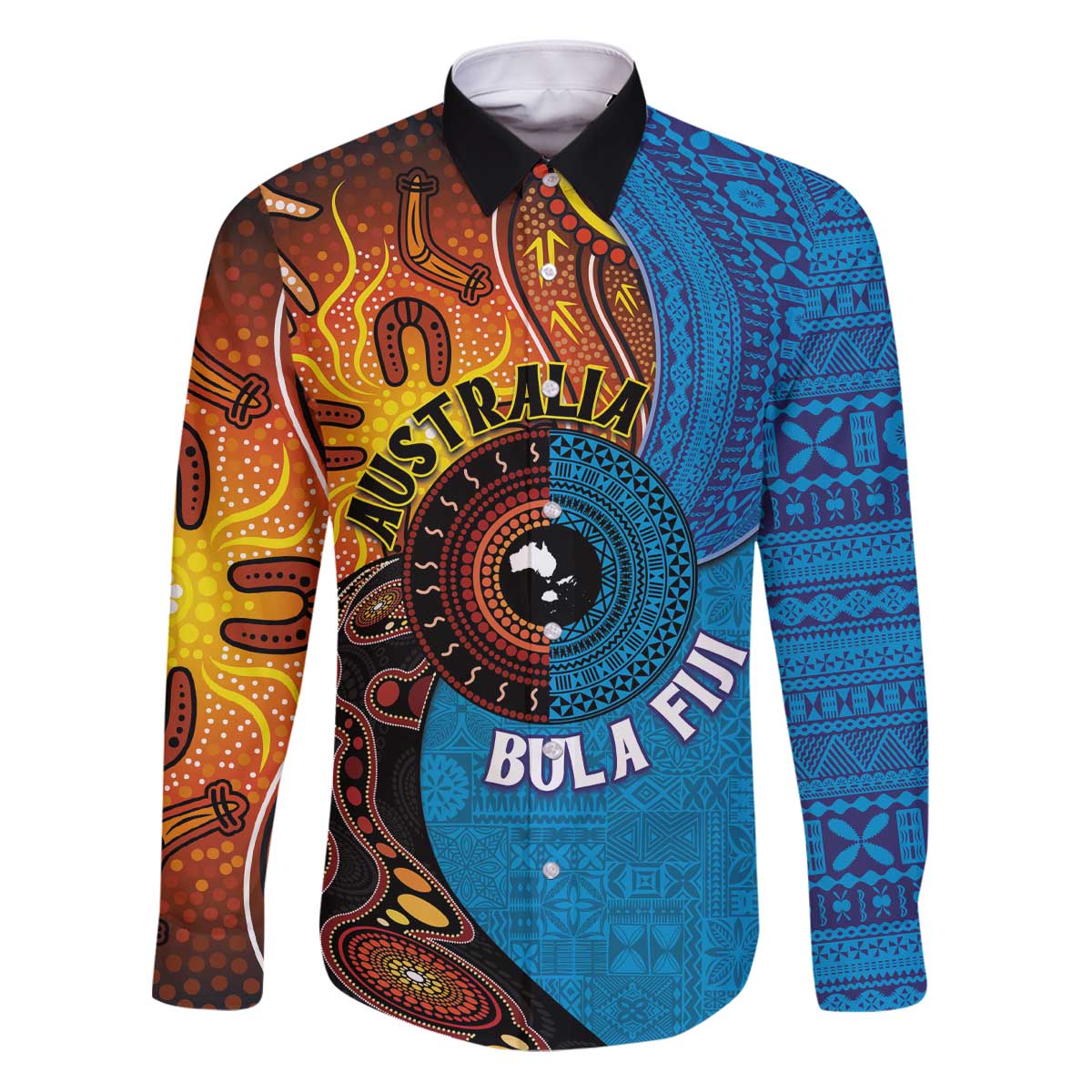 Fiji and Australia Together Family Matching Puletasi and Hawaiian Shirt Tapa Tribal Tattoo mix Aboriginal Pattern LT03 Dad's Shirt - Long Sleeve Black - Polynesian Pride