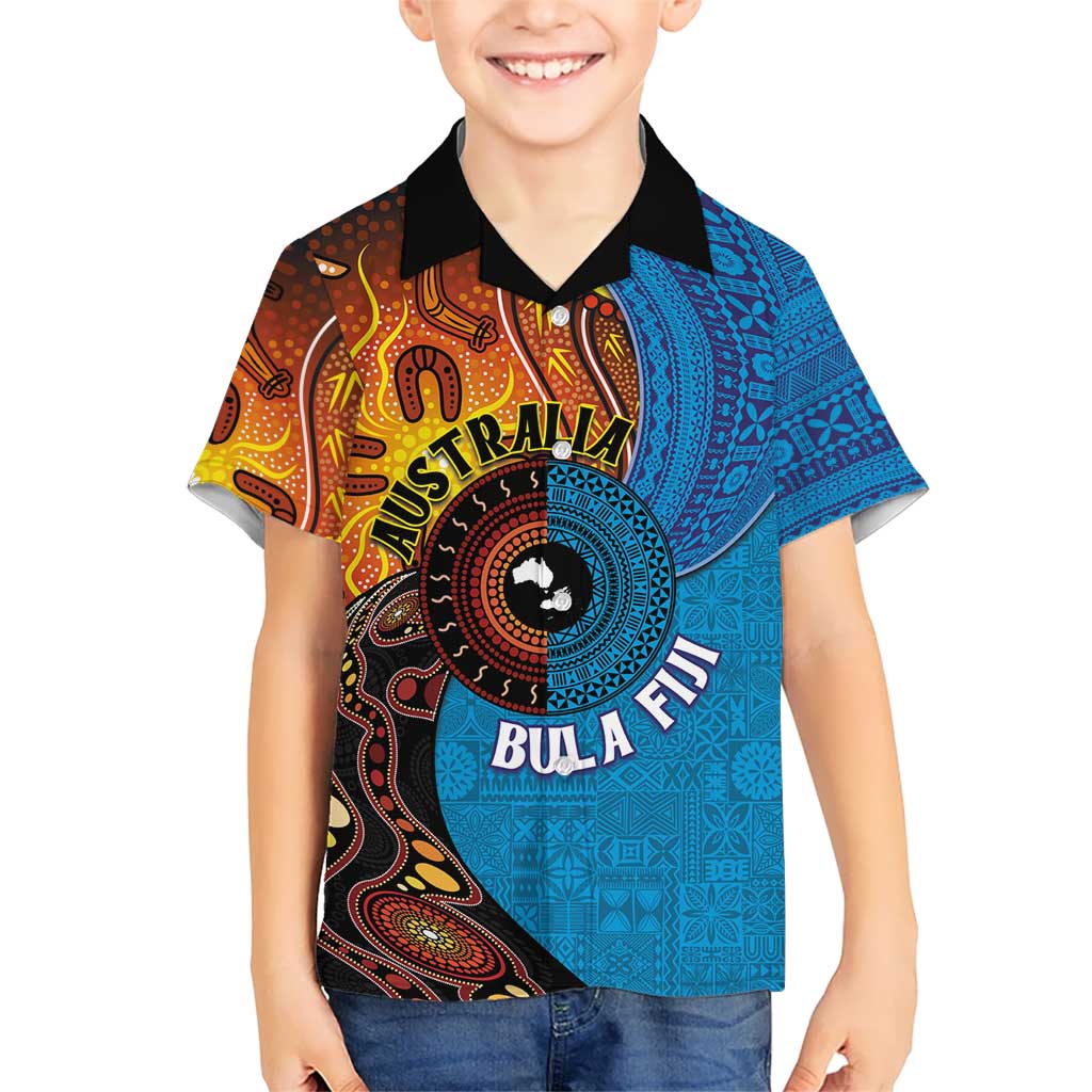 Fiji and Australia Together Kid Hawaiian Shirt Tapa Tribal Tattoo mix Aboriginal Pattern LT03 Kid Black - Polynesian Pride